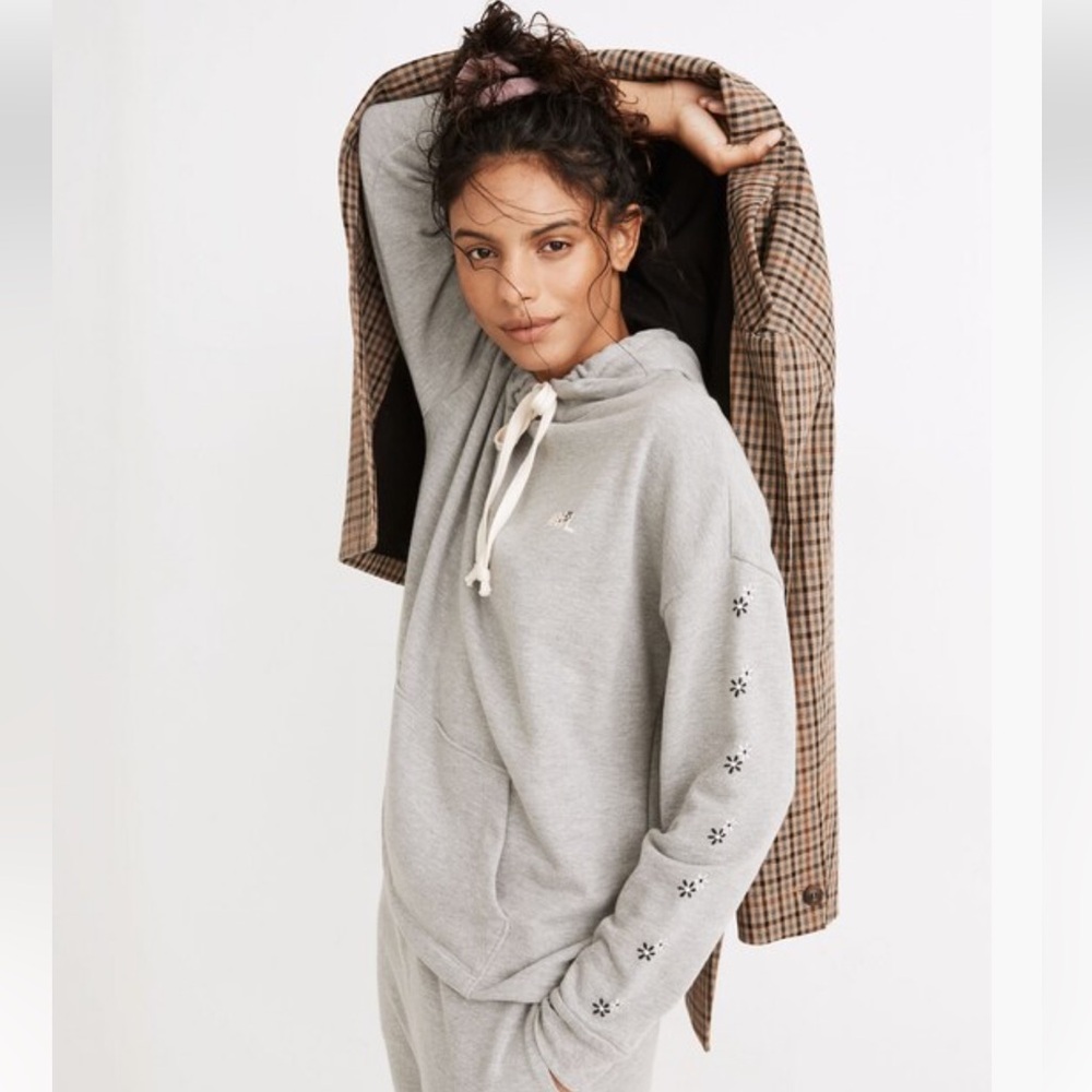 Madewell MWL Easygoing Gray Hoodie Sweatshirt: Embriodered Floral